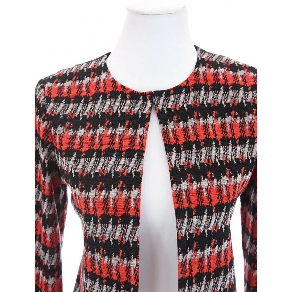 Ming Wang Houndstooth Knit Sweater Jacket Cardigan Black Red Women Sz PXS Pet XS